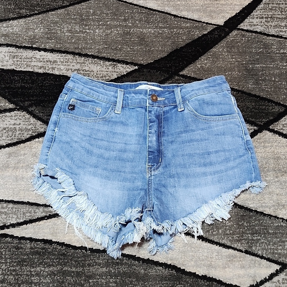 KANCAN LOS ANGELES HIGH-WAISTED RAW-EDGE ZIP-FLY DENIM JEAN SHORTS